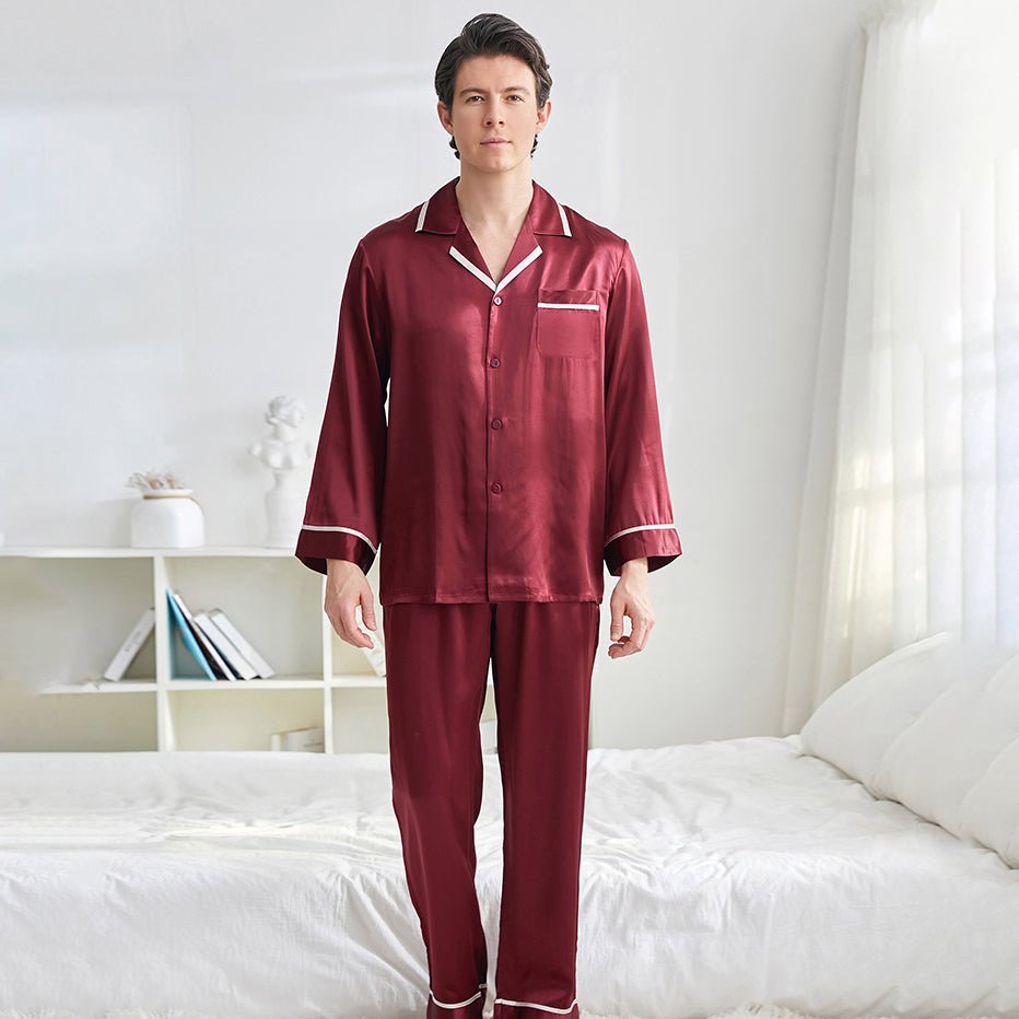 Classic Silk Pajamas Set For Men Luxury 19mm Silk Long Sleeves Sleepwe