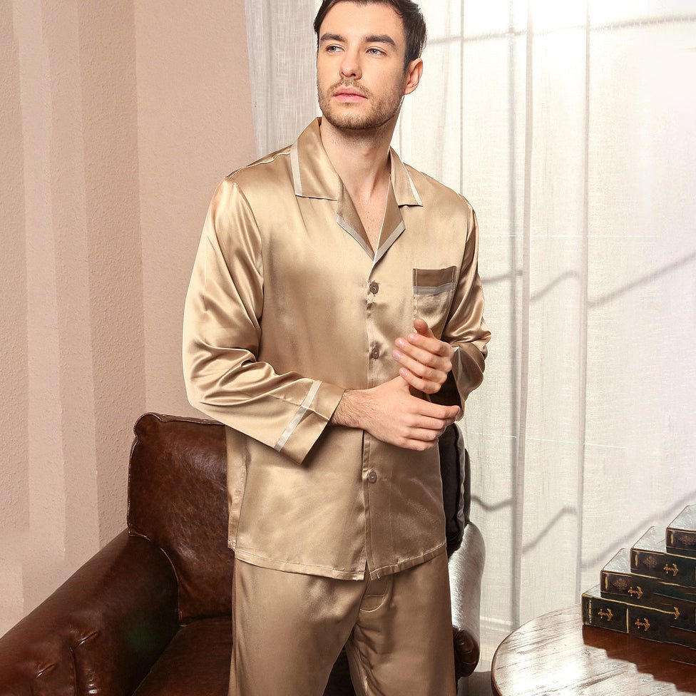 Luxury Men's Silk Long Sleeve Pyjamas Suit Silk Sleepwear Button