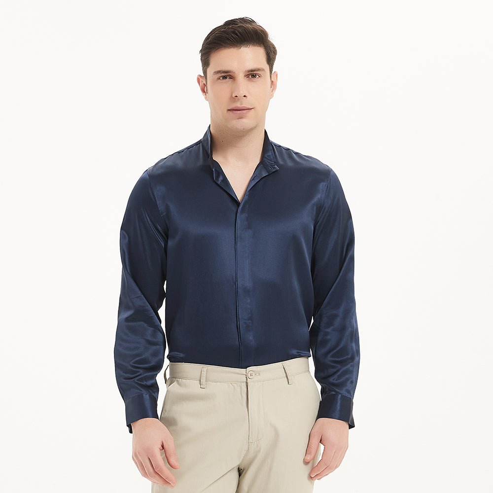 Luxury Stand Collar 22 Momme Silk Shirt For Men 100% Silk Hidden Button Long Sleeves Top