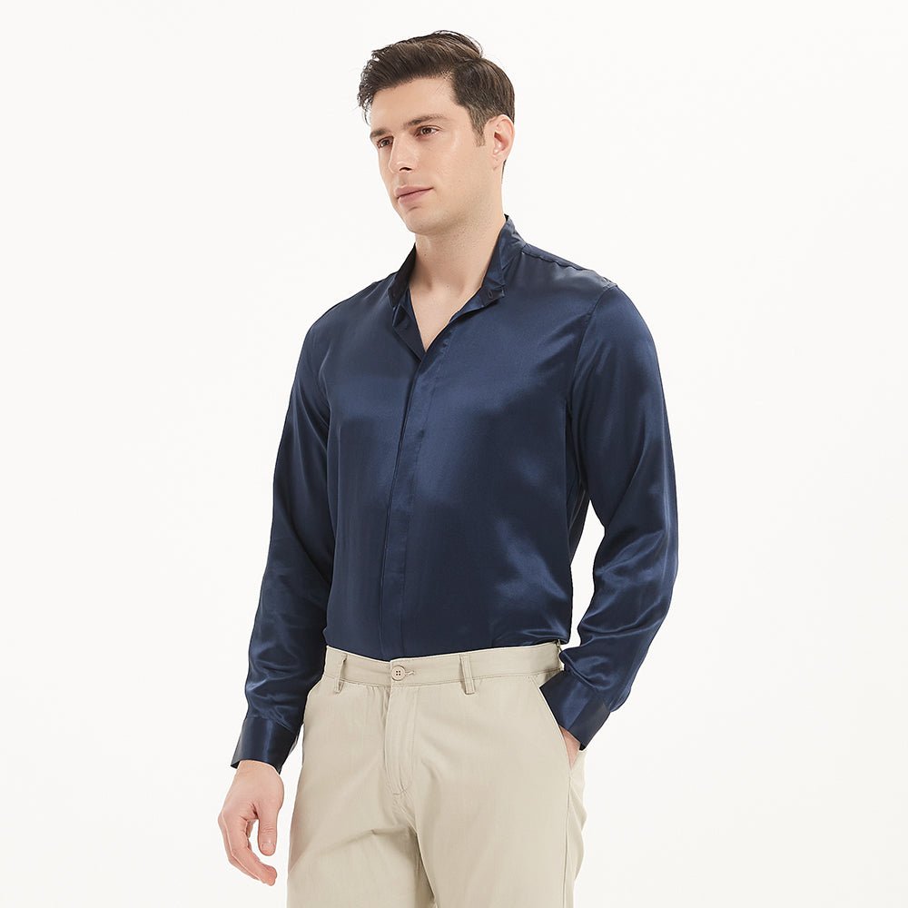 Luxury Stand Collar 22 Momme Silk Shirt For Men 100% Silk Hidden Button Long Sleeves Top