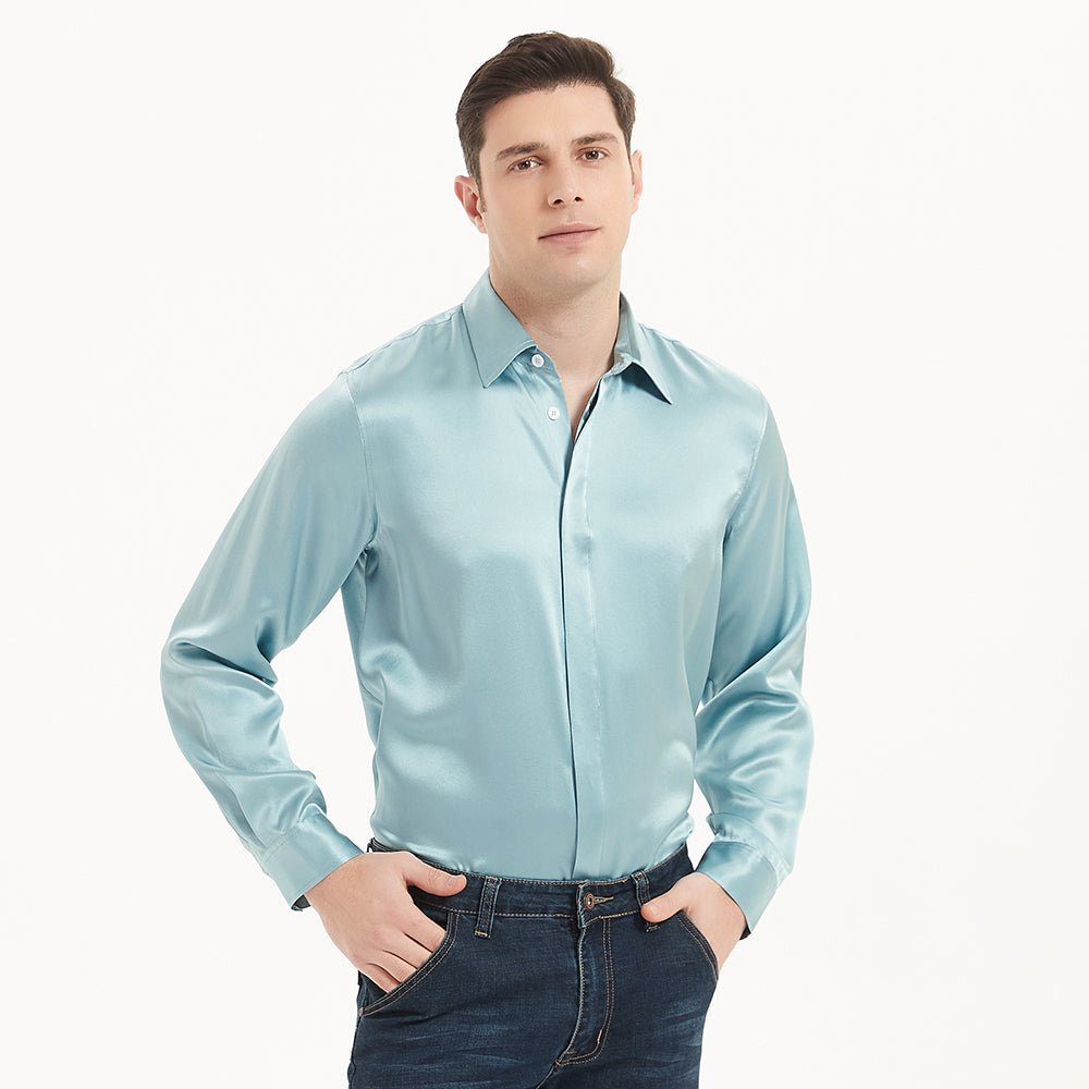 100% Mulberry  Silk top For Men Long Sleeves Silk Shirt  With Hidden Button