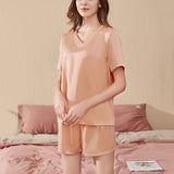 Apricot V-neck Pullover Silk Pajama Shorts Set - slipintosoft