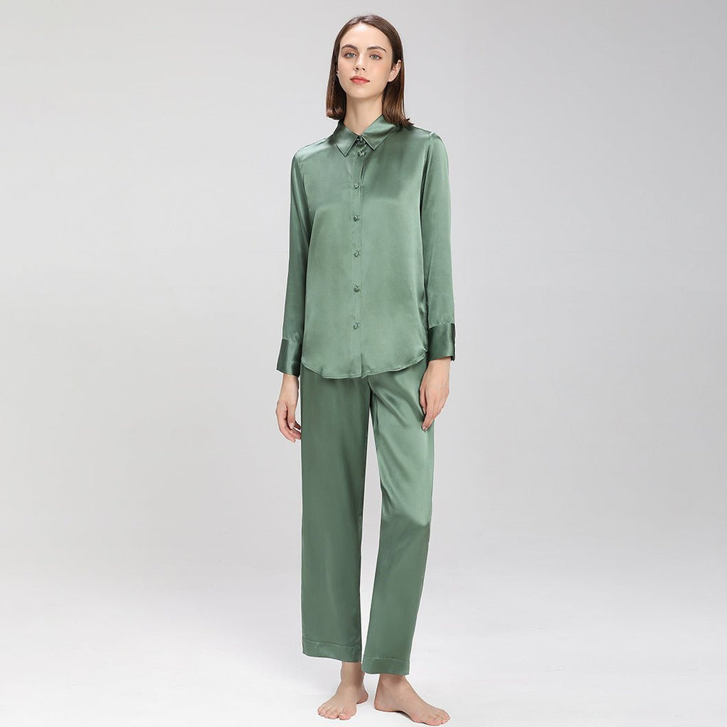 Best Womens Solid Color Silk Pajamas Long Mulberry Silk Pjs 100% Silk Sleepwear - slipintosoft