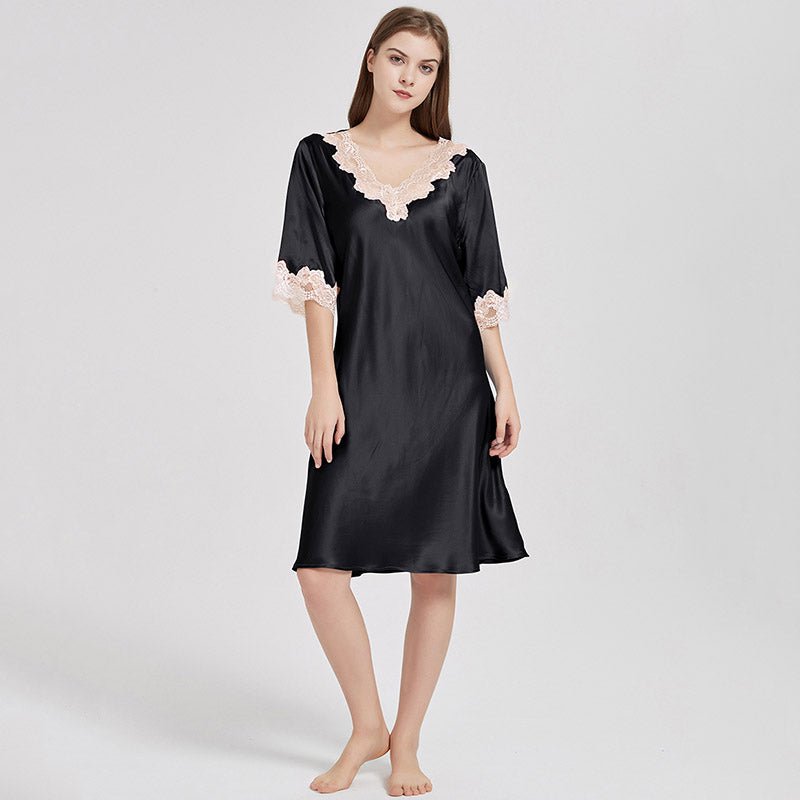 Black V-Neck Silk Nightgown With Champagne Lace Trimming - slipintosoft