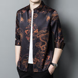 Brand New Men's Black Silk Dress Shirt with Dragon Print - slipintosoft