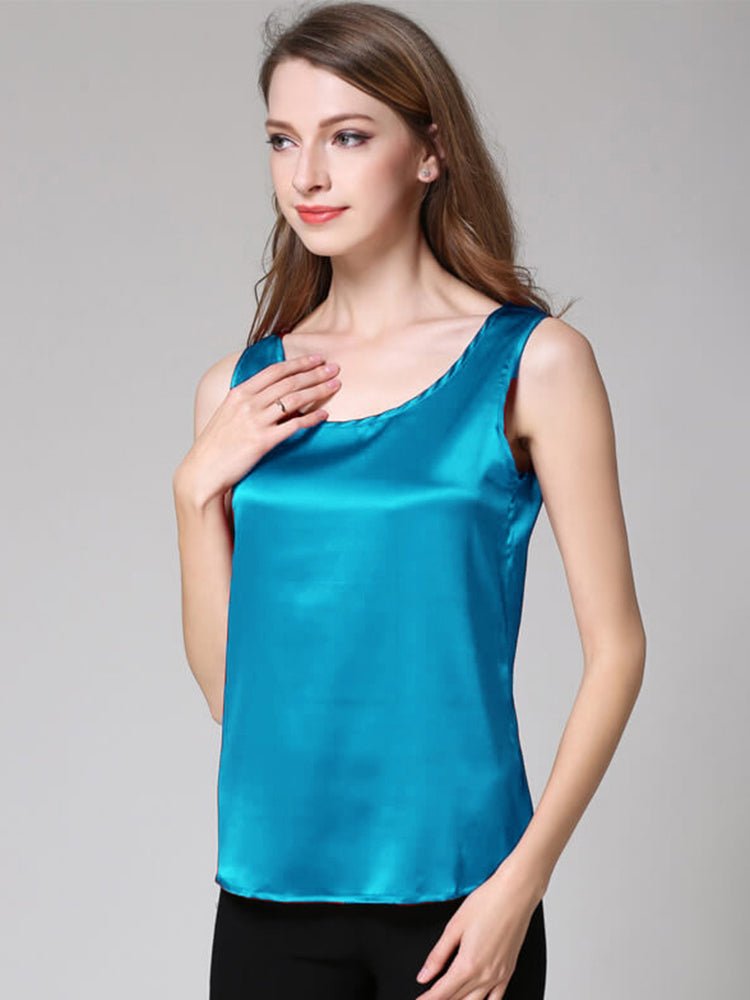 Bright Blue Classic Round Neck Silk Tank Top for Ladies - slipintosoft