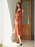 Burnt Orange Cowl Neck Sleeveless Long Silk Dress - slipintosoft