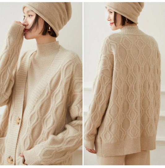 Cashmere Cardigan For Women Winter Loose Button Front Pocket Sleeve Cashmere Cardigan - slipintosoft