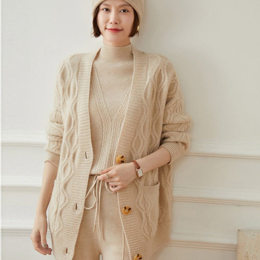Cashmere Cardigan For Women Winter Loose Button Front Pocket Sleeve Cashmere Cardigan - slipintosoft