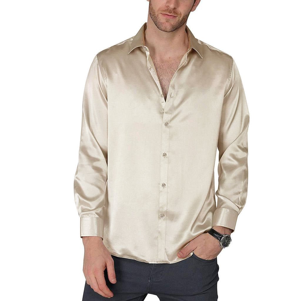 Men's Luxury Silk Dress Shirt Slim Fit Silk Casual Dance Party Long Sleeve Fitted Wrinkle Free Tuxedo Shirts