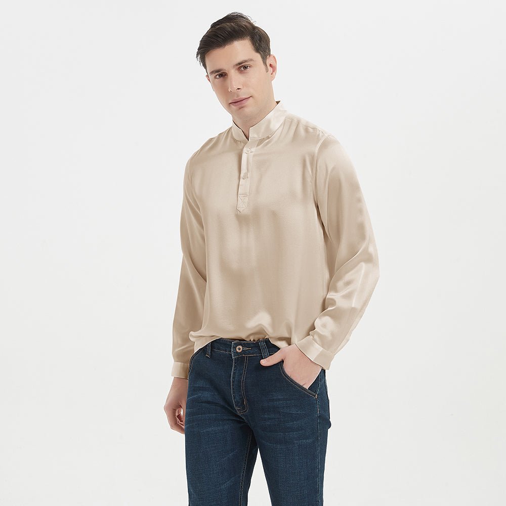 Classic Silk Pullover Shirt For Men 100%  Mulberry Silk Long Sleeves Stand Collar Top