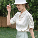 Chic Short Sleeves Silk Blouse 100% Mulberry Pure White Elegant Silk Shirt - slipintosoft