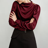 22 Momme Elegant Silk Blouse For Womens 100% Mulberry Silk Long Sleeves Pleated Pullover -  slipintosoft