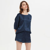 Classic Short Silk Pajamas Set with Drawstring Round Necked Half Sleeves Shorts Set - slipintosoft