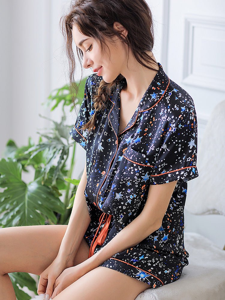 Colorful Star Printed Black Silk Pajamas Shorts Set - slipintosoft