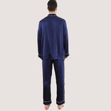 Dark Blue Mens Long Sleeve Stylish Silk Pajamas Set With White Trimming - slipintosoft