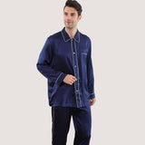 Dark Blue Mens Long Sleeve Stylish Silk Pajamas Set With White Trimming - slipintosoft