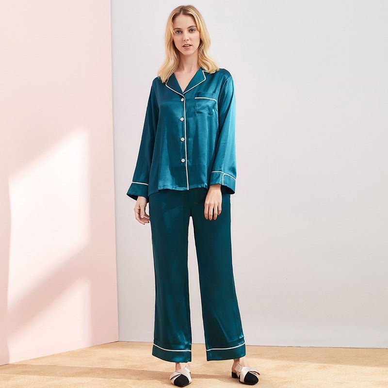 Dark Green Piped Full Length Silk Pyjama Set For Women - slipintosoft