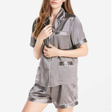 Dark Grey Silk Pajamas Shorts Set with White Trimming - slipintosoft