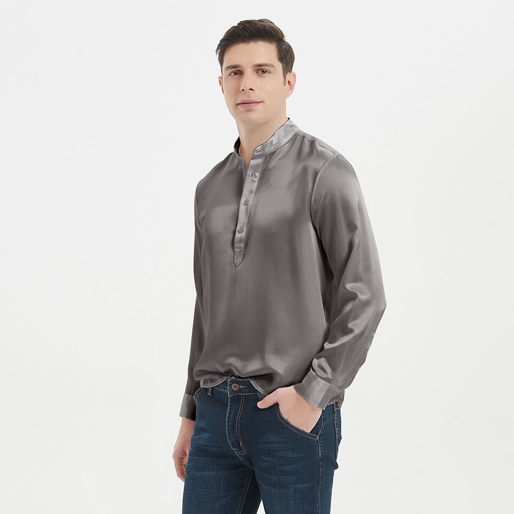 22 Momme Luxury Silk Pullover Shirt For Men 100%  Pure Silk Long Sleeves Four Buttons Stand Collar Top