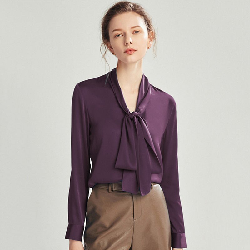 Deep Purple Tie-Neck Long Sleeve Button-Up Silk Blouse for Women - slipintosoft