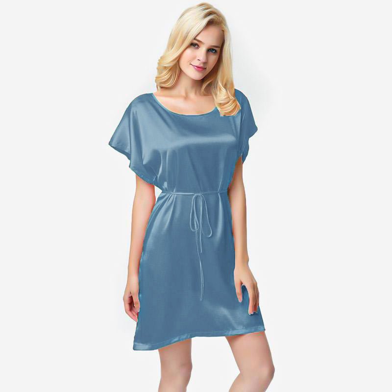 Drop Shoulder Sleeves Dusty Blue Silk Nightgown With Belt - slipintosoft