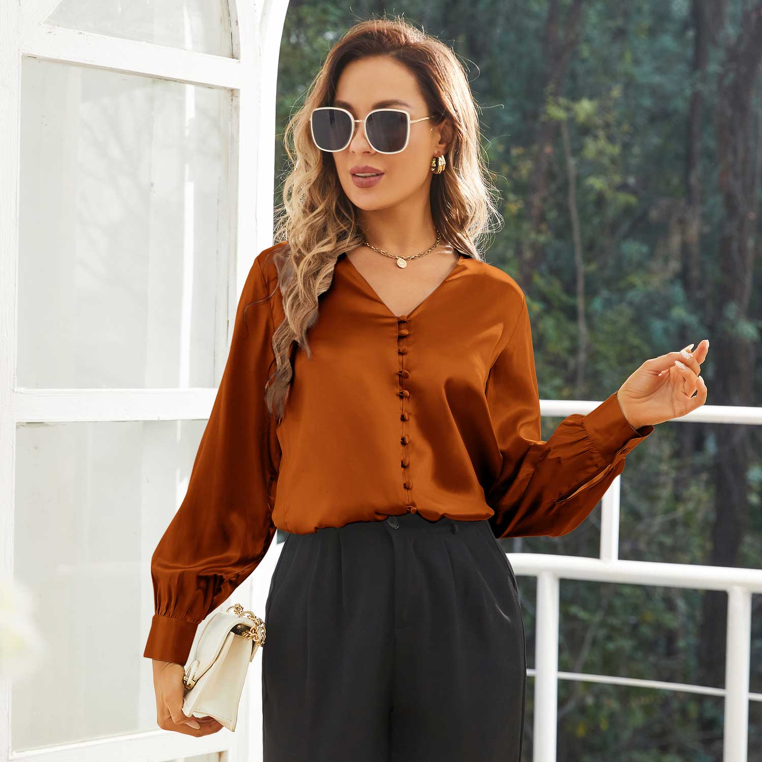 Elegant Ladies Silk Blouse V Neck Silk Shirts 100% Mulberry Silk Long Sleeves Top - slipintosoft
