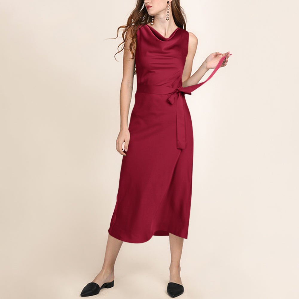 Elegant Pure Silk Ladies Length Dress Silk Cowl Neck Dress