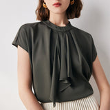 Elegant Solid Color Stand Collar Short Sleeve Silk Shirt for Summer - slipintosoft