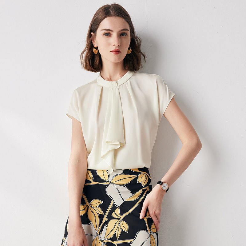 Elegant Solid Color Stand Collar Short Sleeve Silk Shirt for Summer - slipintosoft