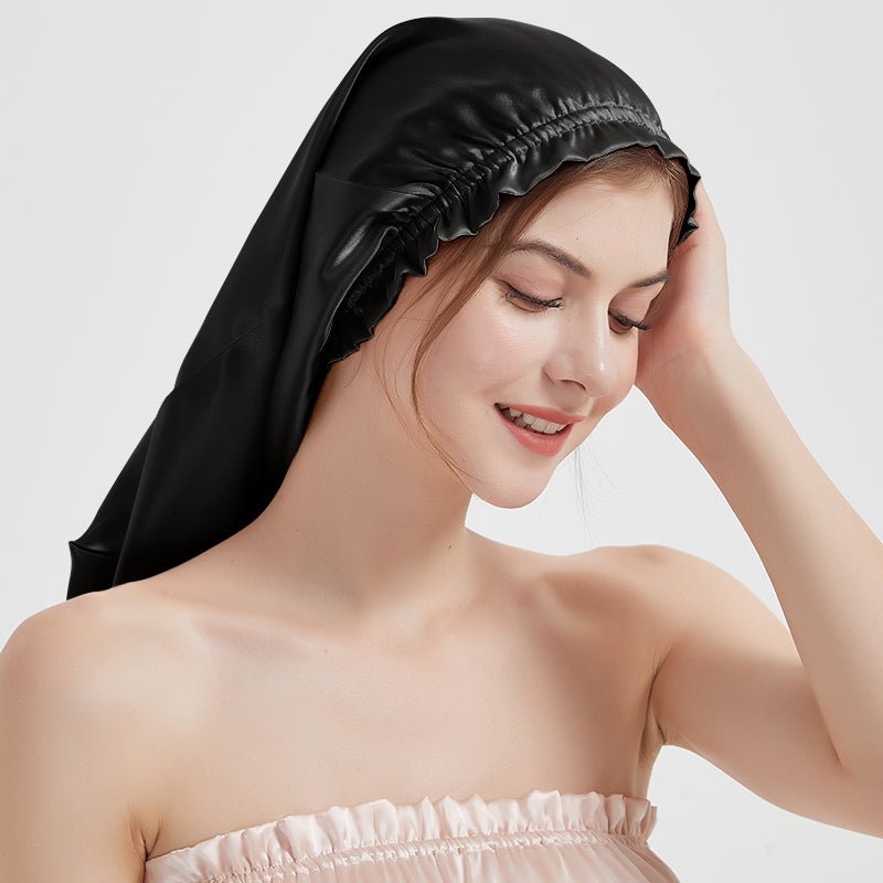 slipintosoft Elegant Women Pleated Edge Silk Bonnet Long Silk Sleep Caps for Hair, Khaki / 50cm