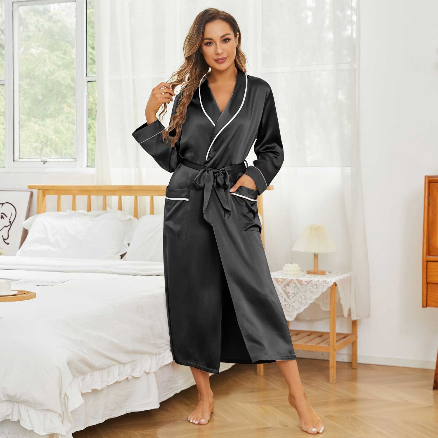 Women's Robe Gown Sets Built-in Bra Premium Satin Silk Pajamas