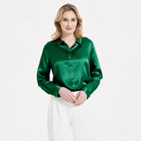 Elegant Womens Pearl Buckle Silk Blouse  100% Mulberry Silk Long Sleeves Shirt