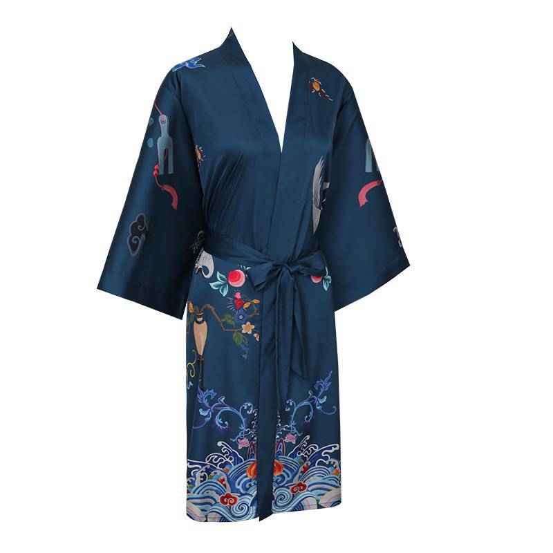 Ladies Short 100% Silk Kimono Robe Crane Printing Women Nightwear Spa Bathrobe - slipintosoft