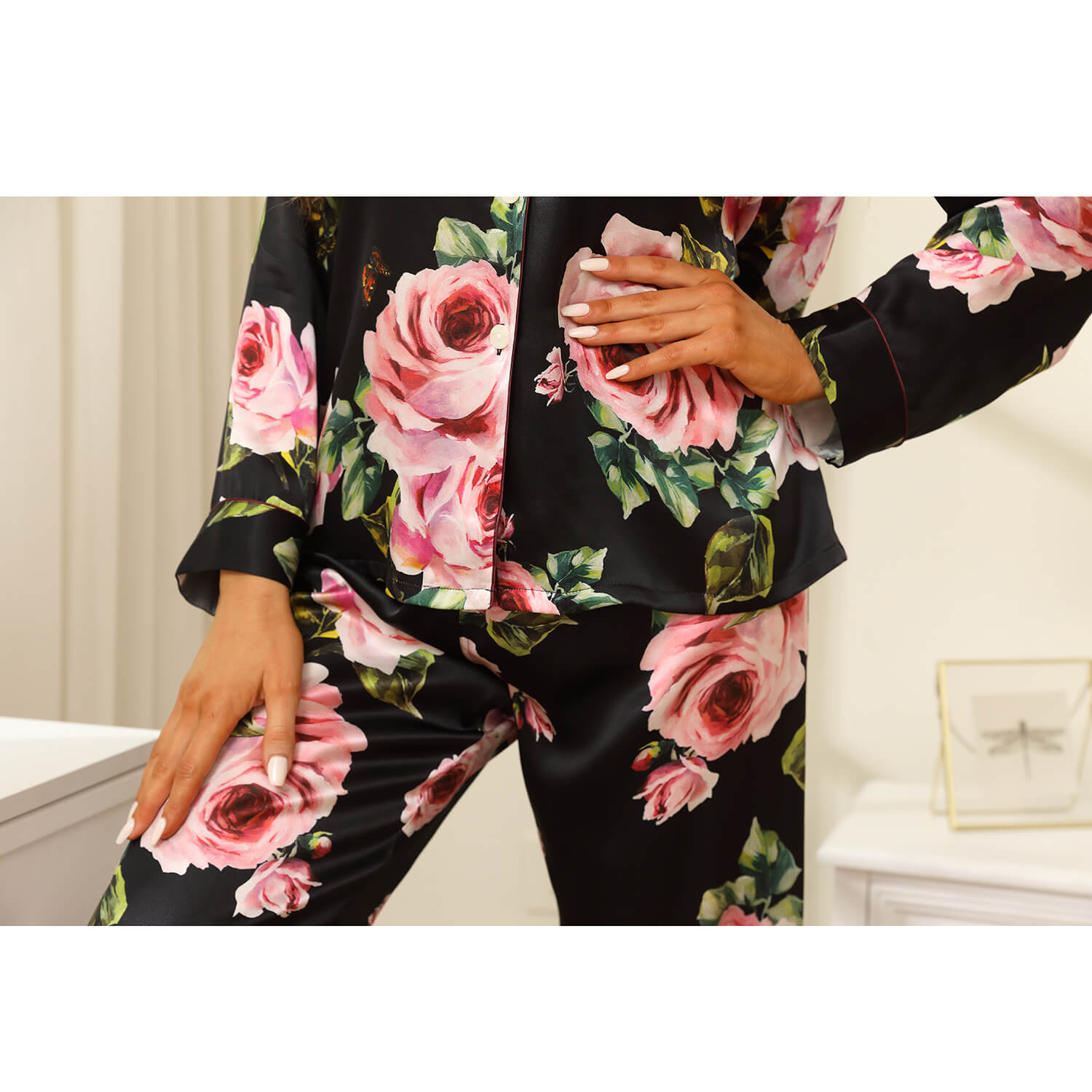 FSYSM Silk Pajamas Women Real Silk Pajama Sets Sleepwear Floral