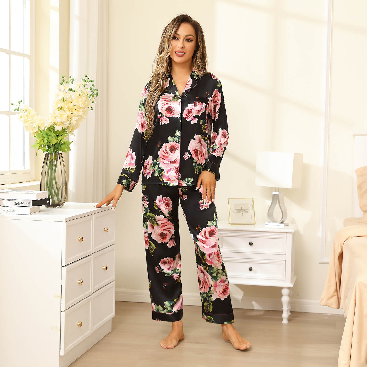 Long Floral Silk Pajama Set For Women Pink Black Real 100 Ladies Silk Pjs Mulberry Silk Sleepwear - slipintosoft