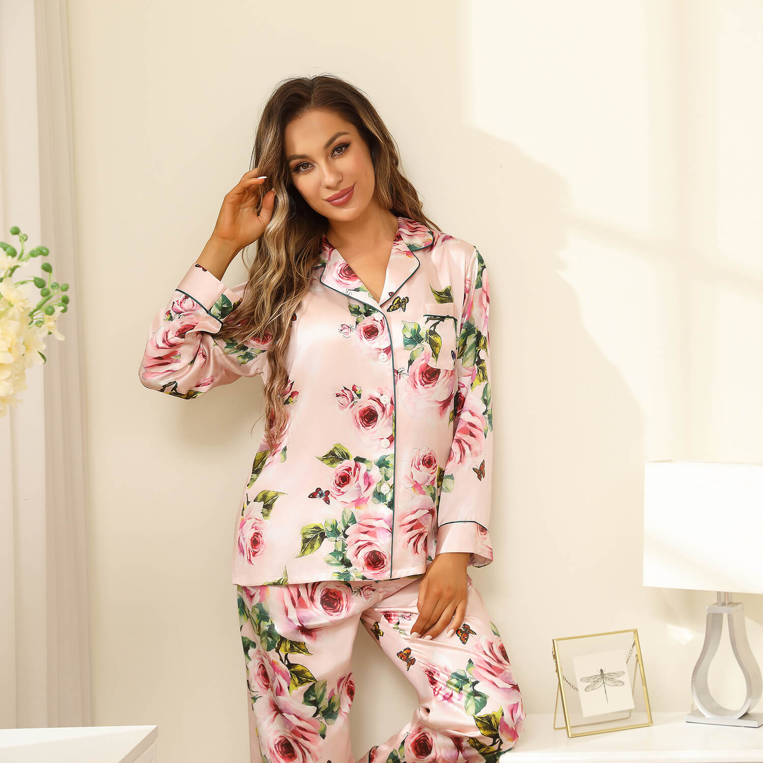 Chinese Style,fruit Pattern Long Sleeve 100% Real Silk Pajamas Set For Women ,best Gift For Her