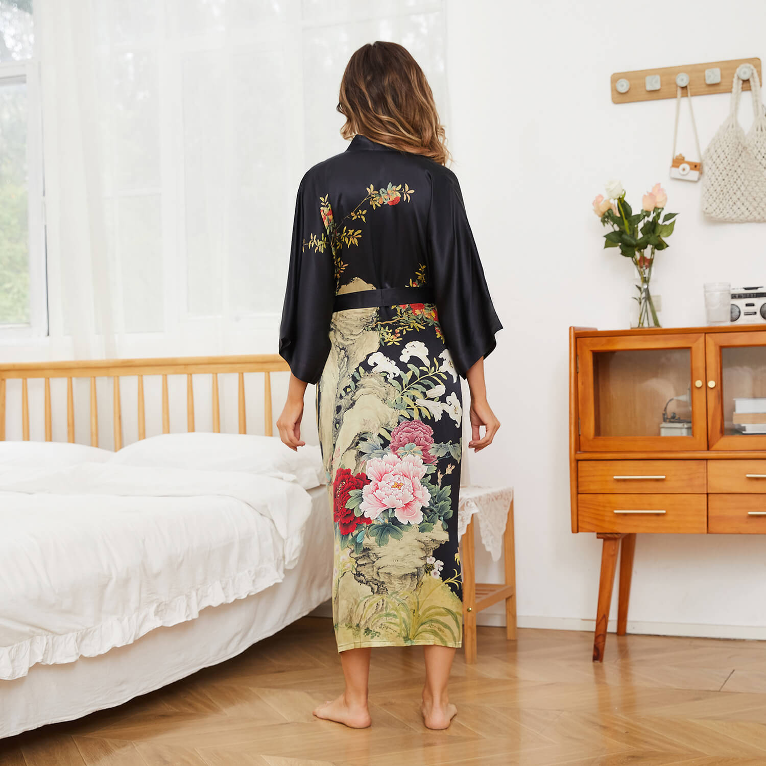 Long Flower Silk Kimono Robe for Women 100% Elegant Handpainted Silk Robes - slipintosoft