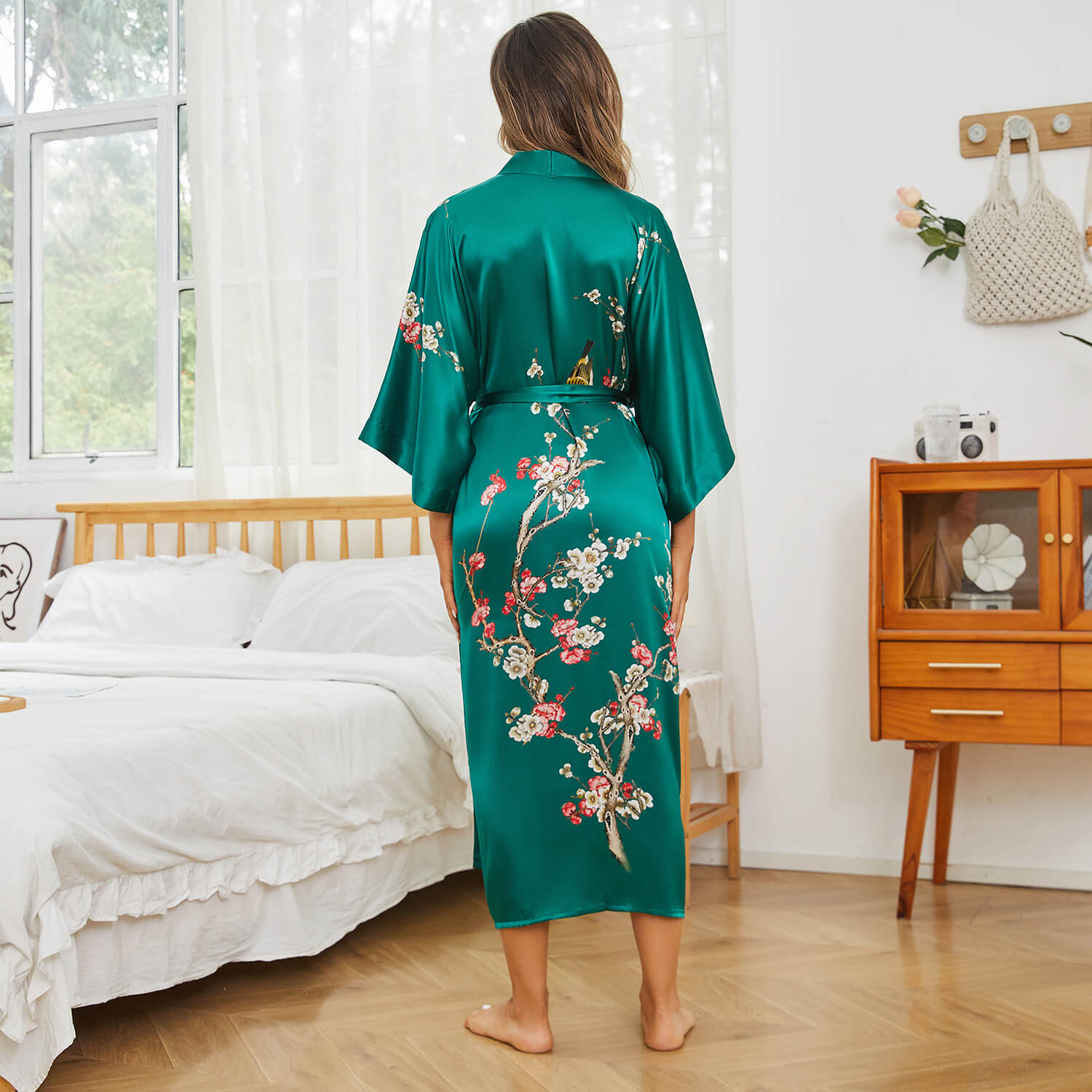 Long Silk Kimono for Women Cherry Blossom Printing Ladies Luxury Mulbe