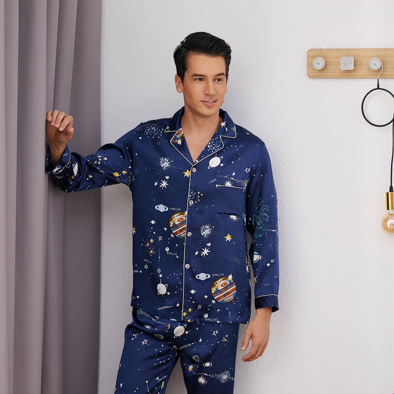 Long Silk Pajama Set for Men Luxury Print Comfortable Silk Nightwear