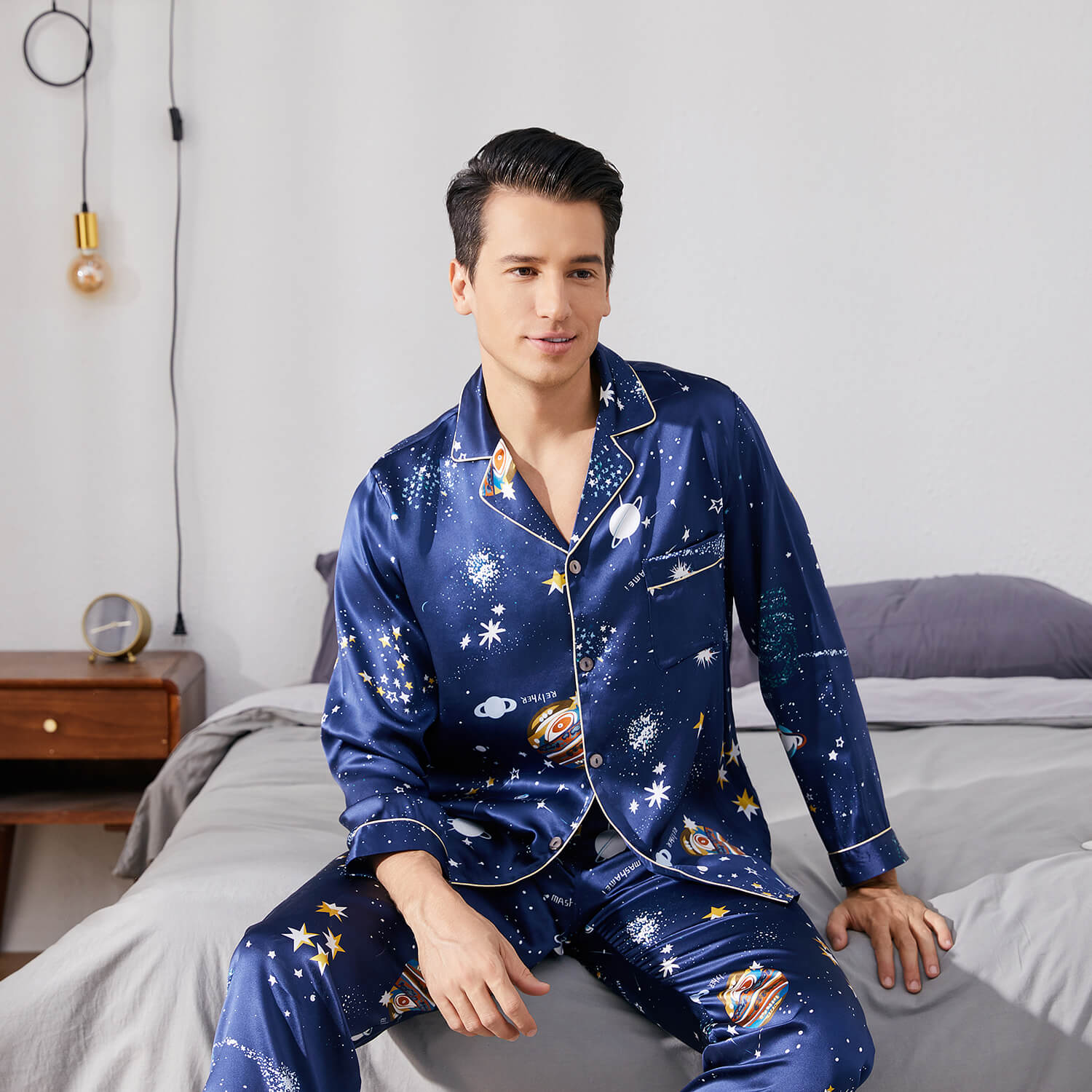Long Silk Pajama Set for Men Luxury Print Comfortable Silk Nightwear
