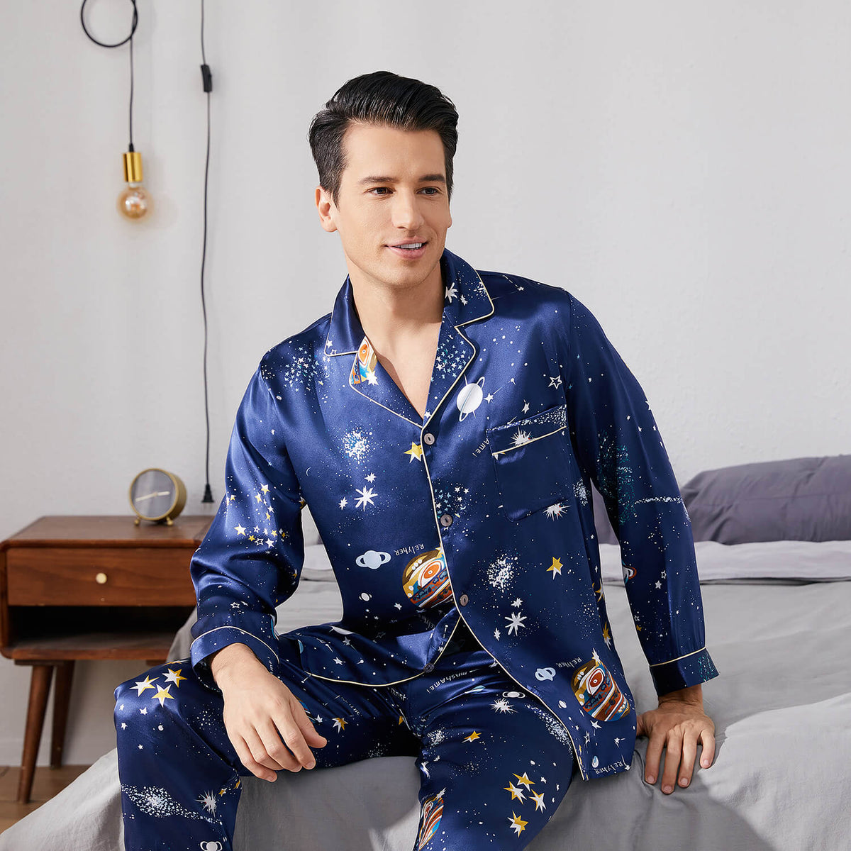 Mens Silk Satin Pajamas Set Pyjamas Luxury Set Long Sleeve Sleepwear  Loungewear