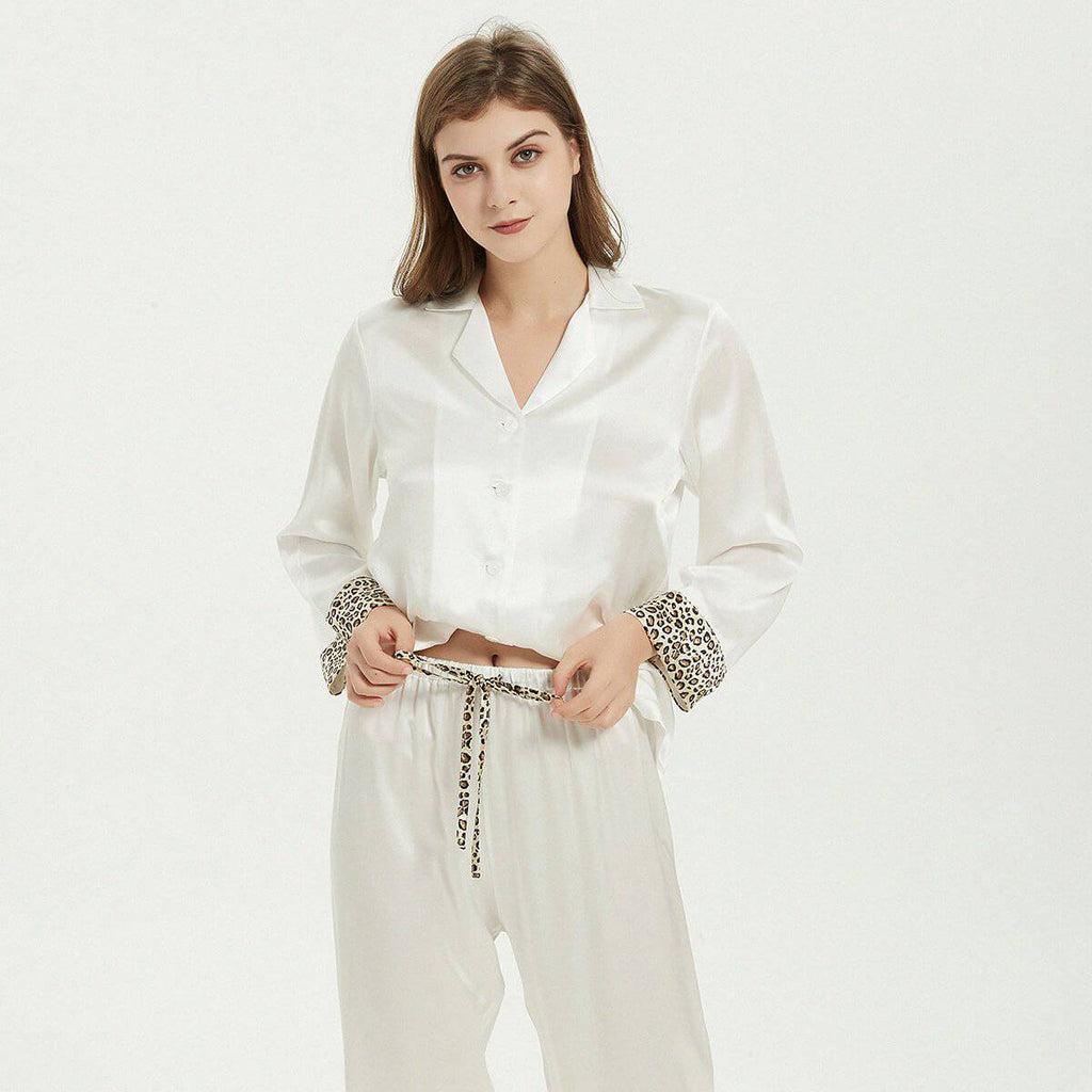 Long Silk Pajama Set For Women With Leopard Prints - slipintosoft