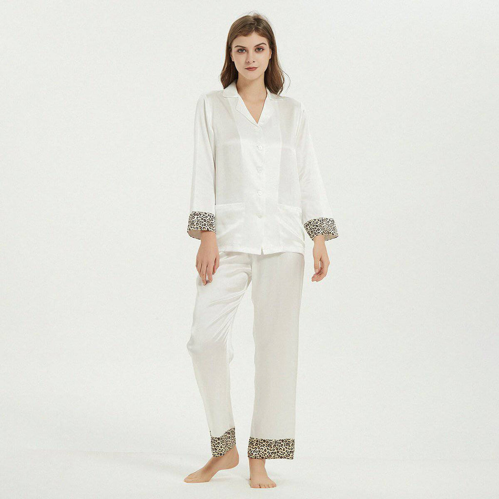 Long Silk Pajama Set For Women With Leopard Prints - slipintosoft