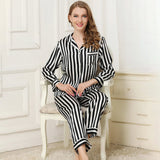 Long Stripe Silk Pajama Set for Women Black Blue Champagne 100% Silk Sleepwear - slipintosoft