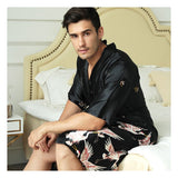 Men Short Silk Kimono Robe Silk Crane Bathrobe Mens Silk Nightgown Sleepwear - slipintosoft