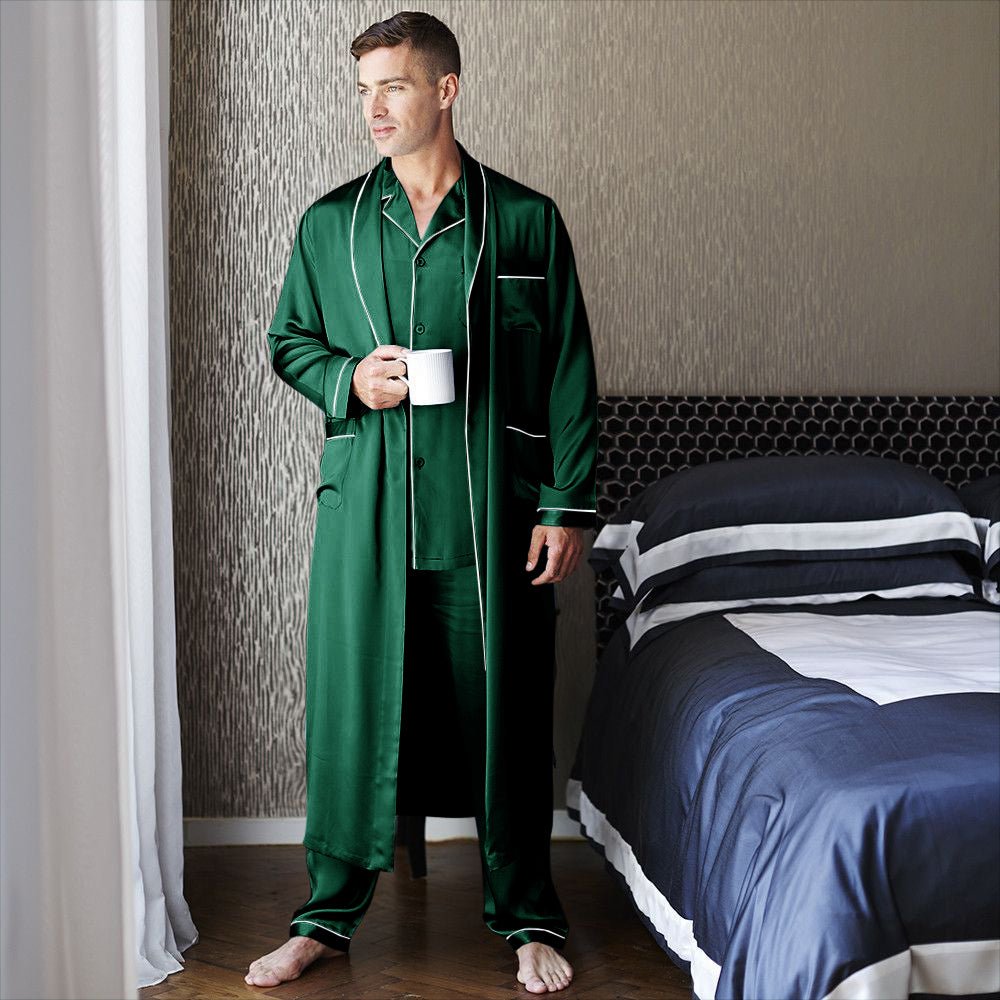 Mens Long Silk Pajamas & Robe Set for Men Full Length Silk Robe Pajamas Set - slipintosoft