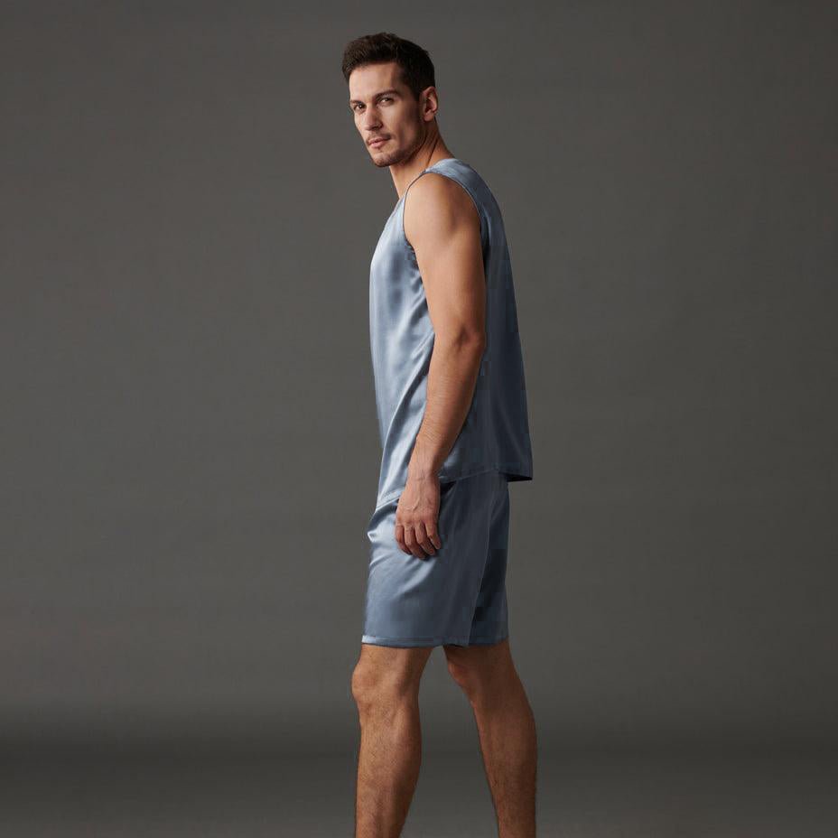 Men's Luxurious 19 Momme Dusty Blue Silk Tank Top and Shorts Set - slipintosoft