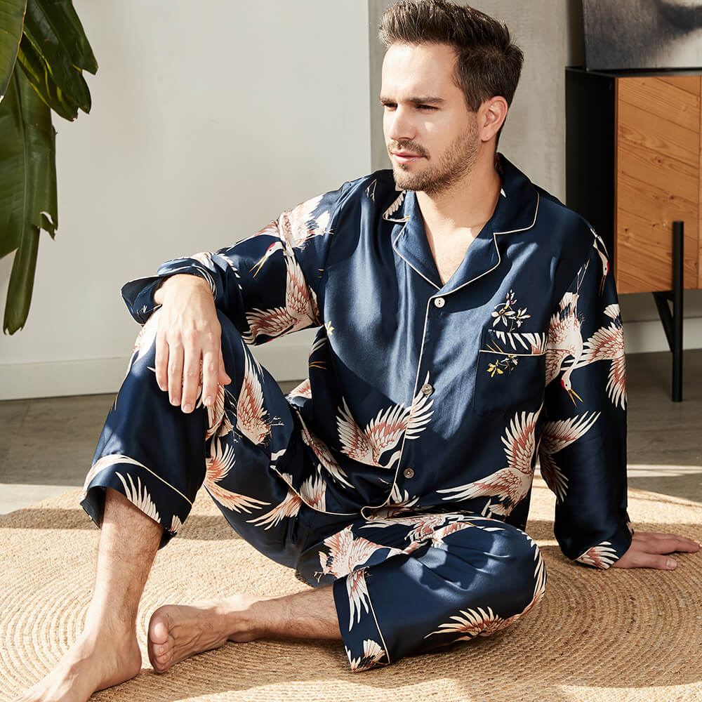 Mens Long Sleeve Satin Silk Pajamas Button Down Pullover Nightshirt  Sleepwear