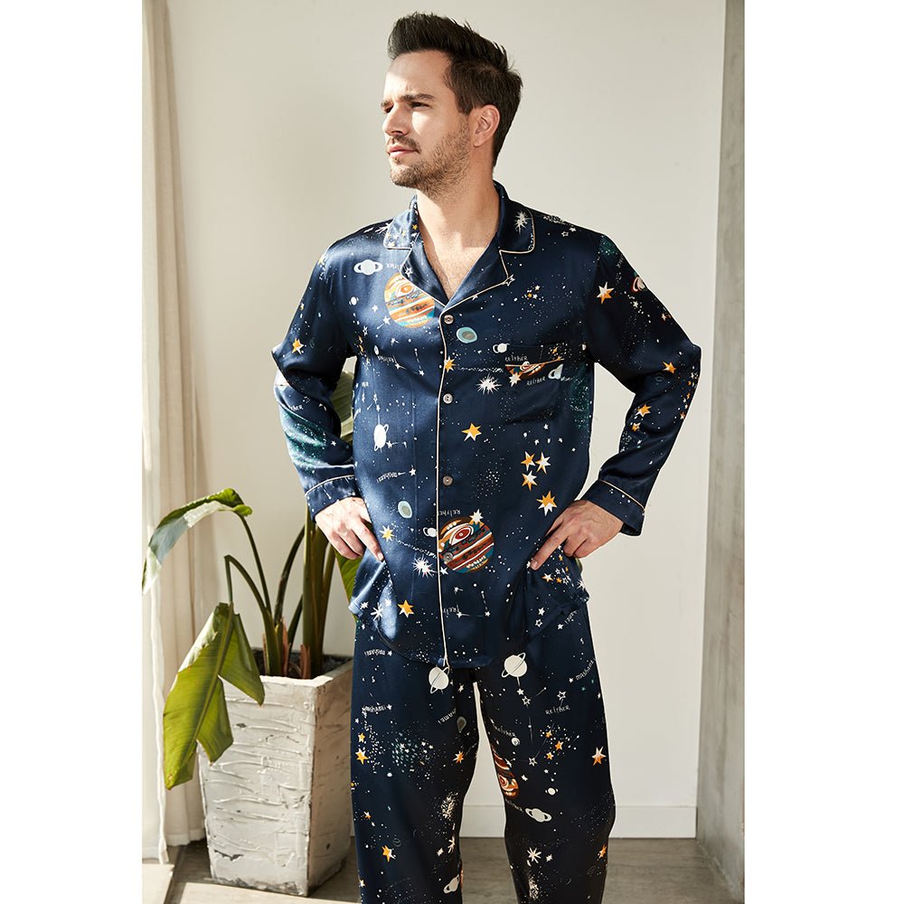 Men's Luxury Silk Pajamas Set for Men Long Sleeve Print Silk Sleepwear loungewear - slipintosoft